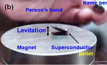 Photograph of a sample of LK-99 partially levitating over a magnet, supposedly demonstrating the Meissner effect
